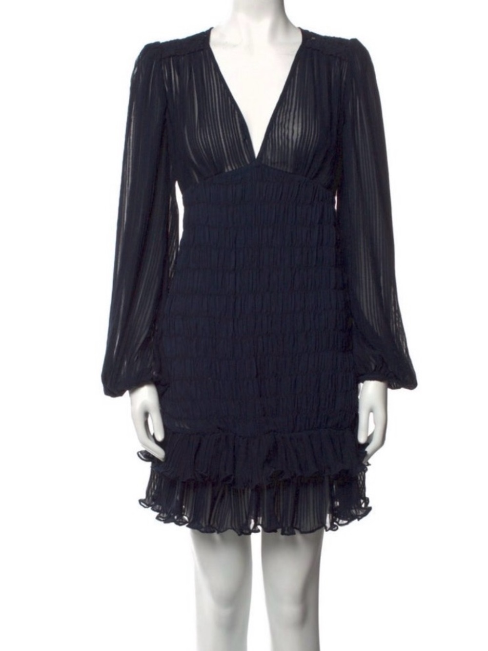 Deep V Navy Long-Sleeve Ruffle Mini Dress